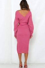 Surplice Neck Bow Waist Slit Sweater Dress - Trendsi - Flyclothing LLC