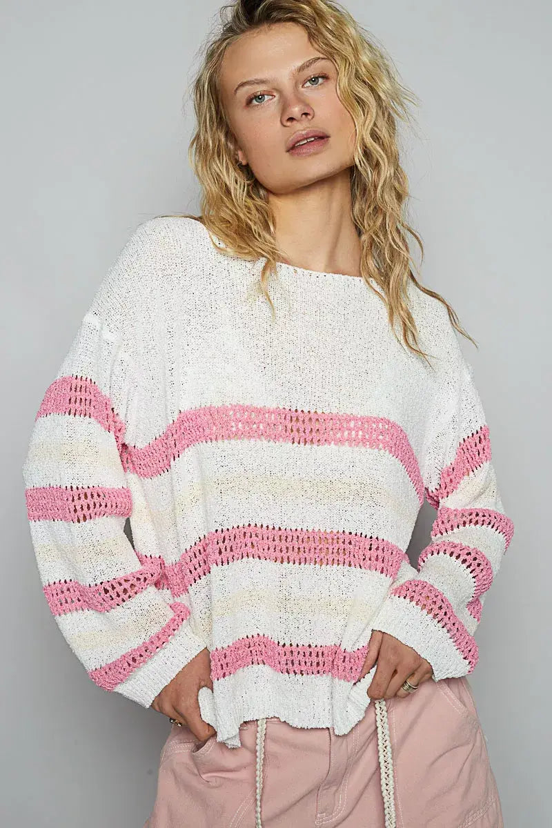 POL Striped Openwork Round Neck Knit Top - Trendsi - Flyclothing LLC