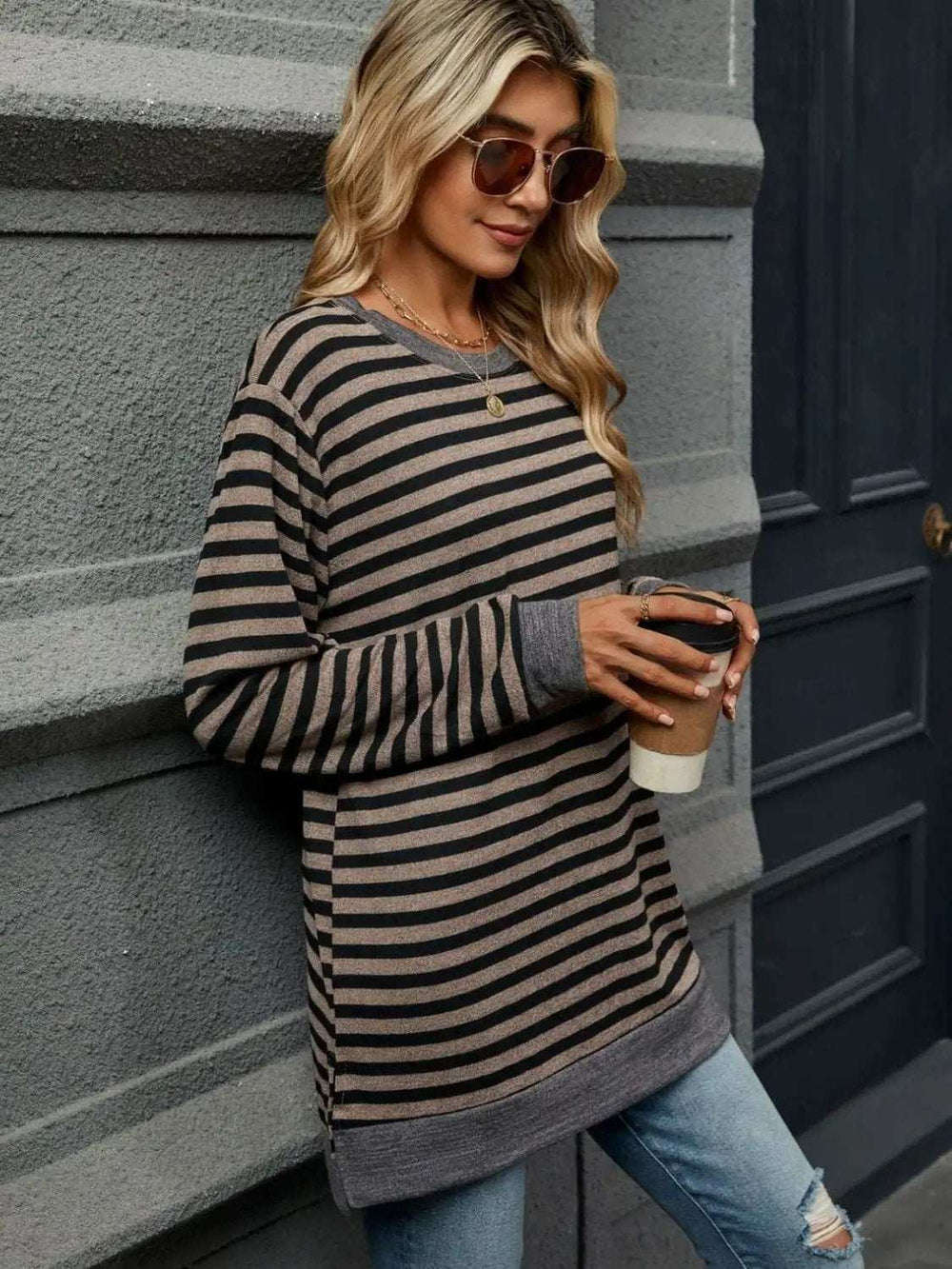 Striped Round Neck Long Sleeve T-Shirt - Trendsi - Flyclothing LLC