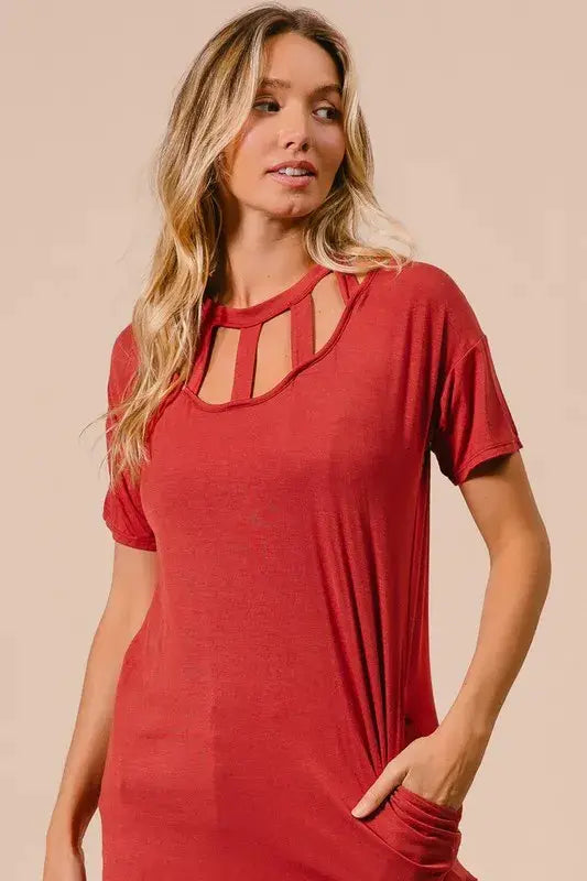 BiBi Front Cutout Mini Tee Dress with Pockets - Trendsi - Flyclothing LLC