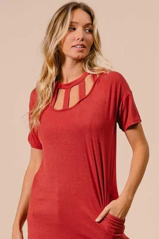 BiBi Front Cutout Mini Tee Dress with Pockets - Trendsi - Flyclothing LLC