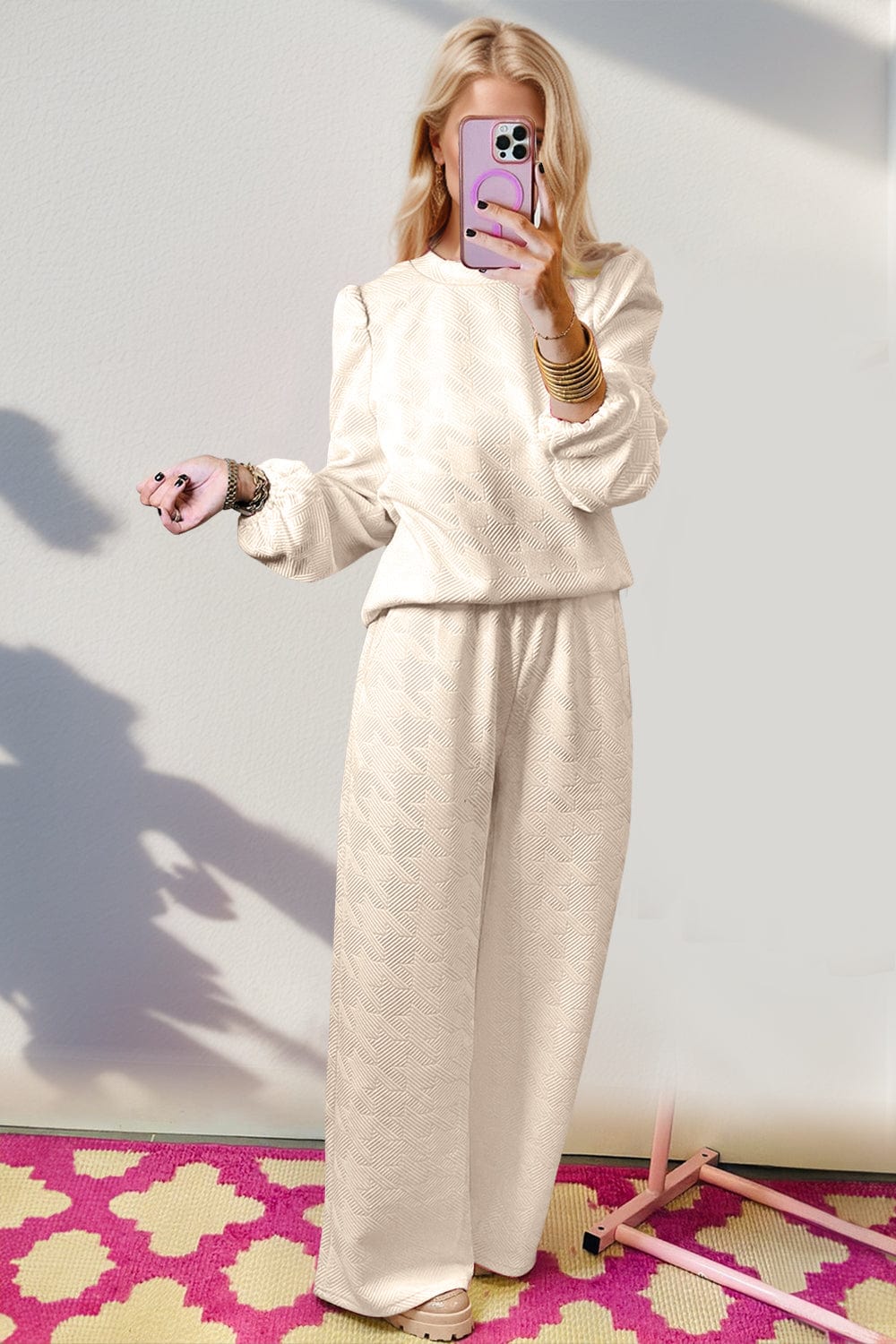 Double Take Texture Long Sleeve Top and Wide Leg Pants Set - Trendsi
