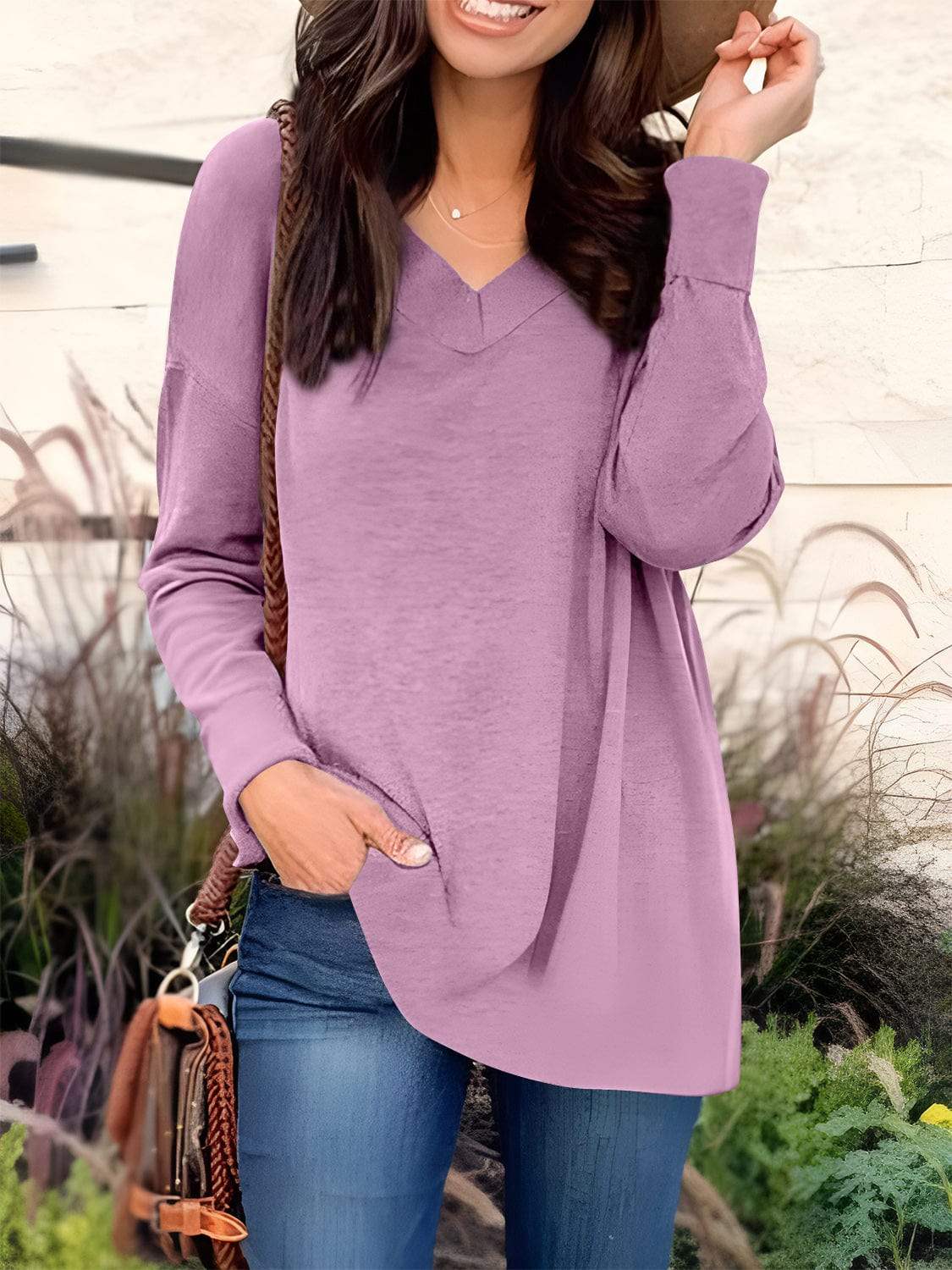 Full Size V-Neck Long Sleeve T-Shirt - Trendsi - Flyclothing LLC
