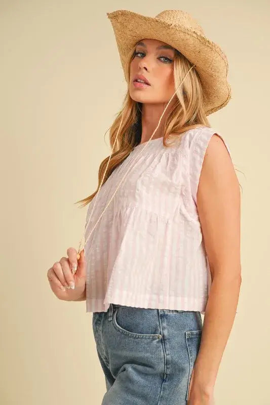 Aemi+Co Ruched Striped Round Neck Sleeveless Top - Trendsi - Flyclothing LLC