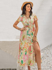 Printed V-Neck Short Sleeve Midi Dress - Trendsi