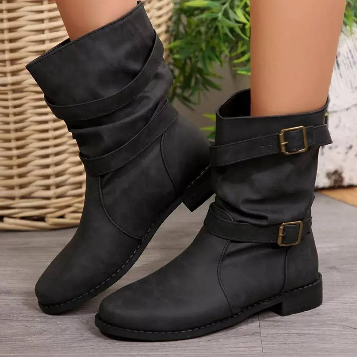 Buckled Low Heel Boots - Trendsi - Flyclothing LLC