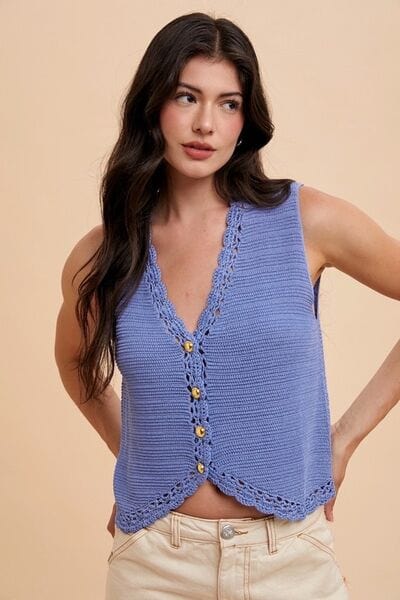 Annie Wear Crochet Trim Button Down Sweater Vest - Trendsi
