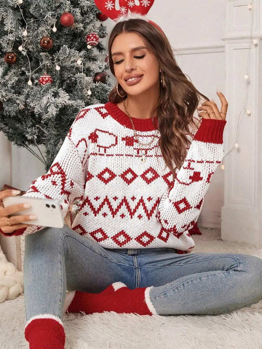 Perfee Contrast Geometric Round Neck Long Sleeve Sweater - Trendsi - Flyclothing LLC