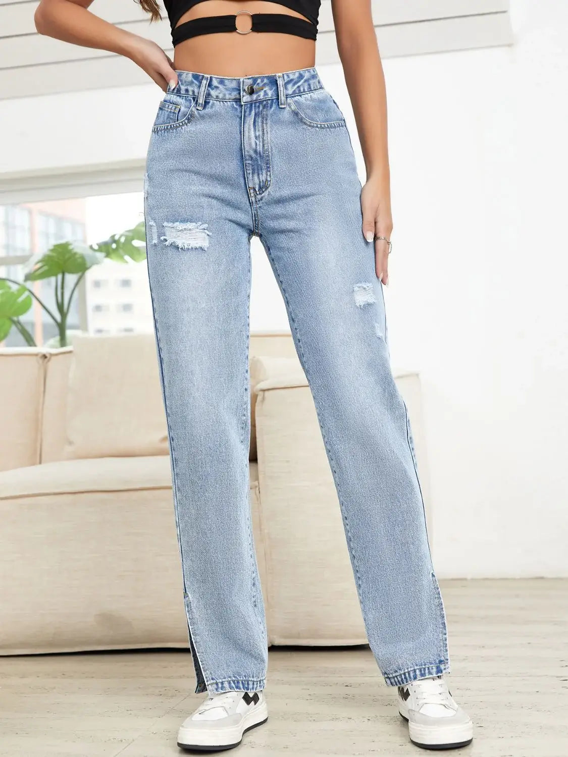 Distressed Slit Straight Leg Jeans - Trendsi - Flyclothing LLC