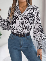 Printed Collared Neck Lantern Sleeve Shirt - Trendsi - Flyclothing LLC