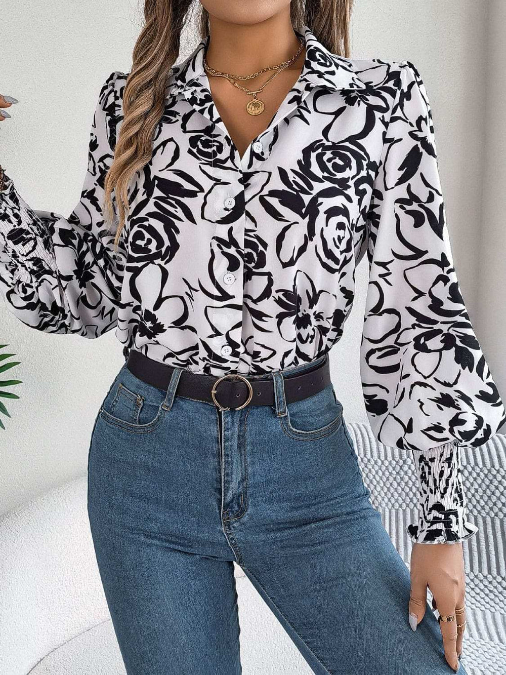 Printed Collared Neck Lantern Sleeve Shirt - Trendsi - Flyclothing LLC