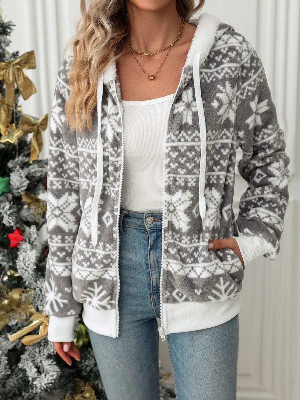 Drawstring Snowflake Zip Up Hooded Outerwear - Trendsi - Flyclothing LLC