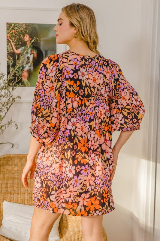 ODDI Full Size Floral Tied Neck Mini Dress - Trendsi