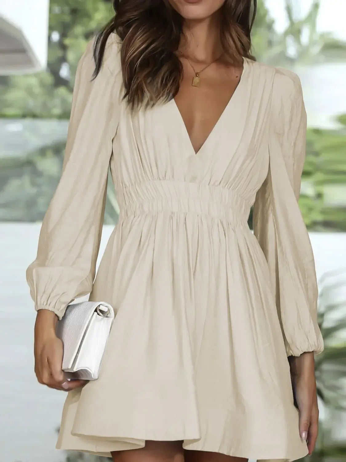 Ruched V-Neck Balloon Sleeve Mini Dress - Trendsi - Flyclothing LLC
