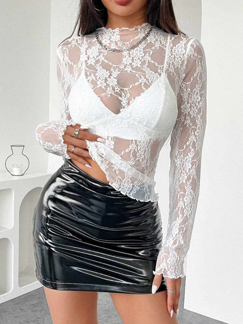 Mock Neck Long Sleeve Sheer Lace Top - Trendsi - Flyclothing LLC