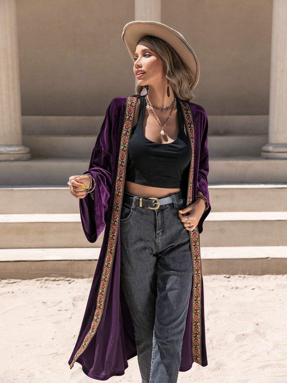 Embroidered Open Front Long Sleeve Cardigan - Trendsi - Flyclothing LLC