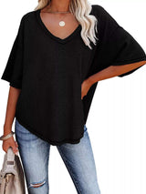 Waffle Knit V-Neck Short Sleeve T-Shirt - Trendsi - Flyclothing LLC