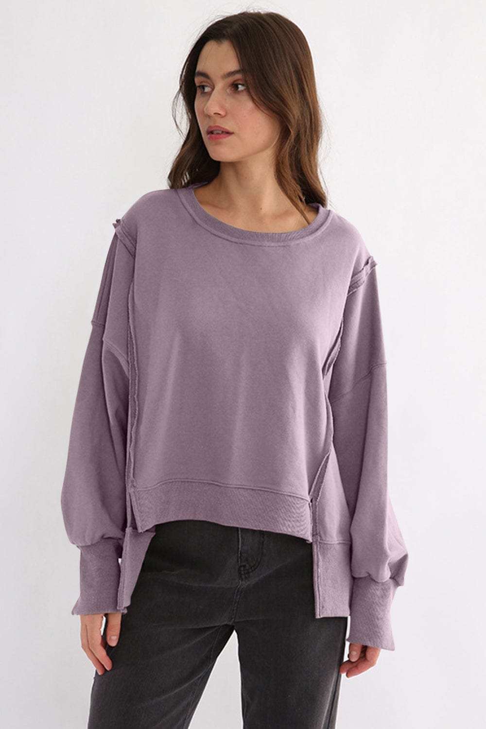 Exposed Seam High-Low Long Sleeve Sweatshirt - Trendsi - Flyclothing LLC