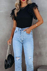 Ruffled Round Neck Cap Sleeve Blouse - Trendsi - Flyclothing LLC