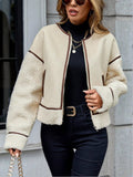 Contrast Trim Zip Up Sherpa Jacket - Trendsi
