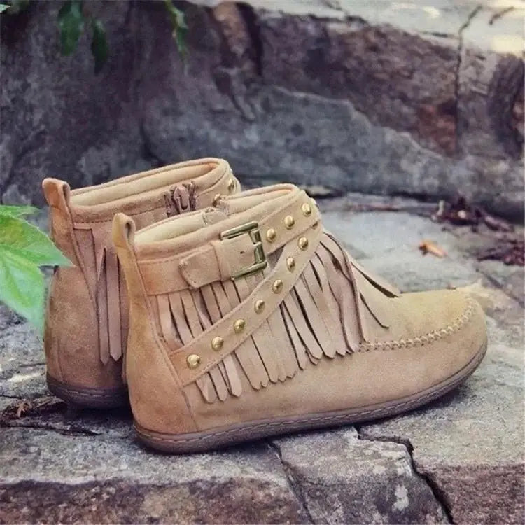 Fringe Studded Suede Flat Boots - Trendsi - Flyclothing LLC