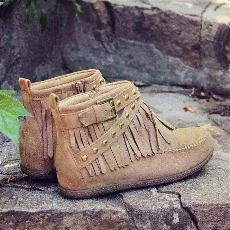 Fringe Studded Suede Flat Boots - Trendsi - Flyclothing LLC