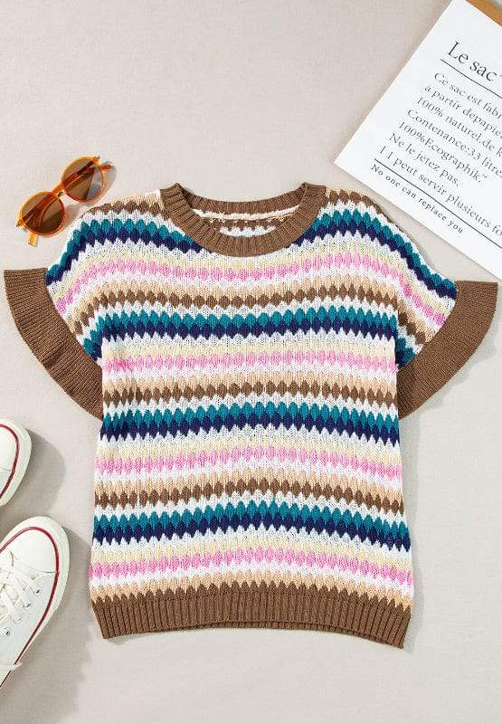Contrast Round Neck Short Sleeve Sweater - Trendsi - Flyclothing LLC