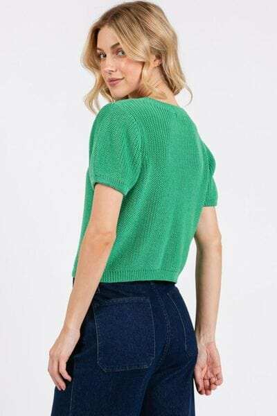 Mittoshop V-Neck Short Sleeve Crop Sweater - Trendsi - Flyclothing LLC