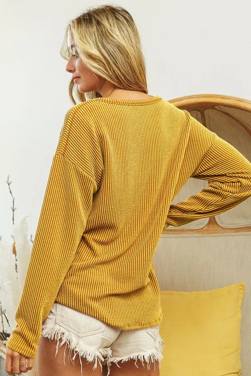 BiBi Wavy Two Tone Rib Notch Neck Patch Pocket Top - Trendsi - Flyclothing LLC