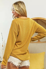 BiBi Wavy Two Tone Rib Notch Neck Patch Pocket Top - Trendsi - Flyclothing LLC