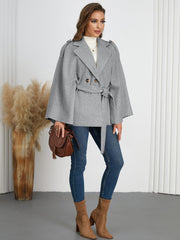 Double-Breasted Tie Waist Poncho - Trendsi