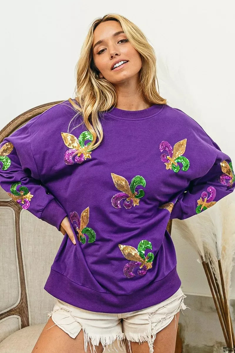 BiBi Fleur De Lis Sequin Patches Mardi Gras Sweatshirt - Trendsi - Flyclothing LLC