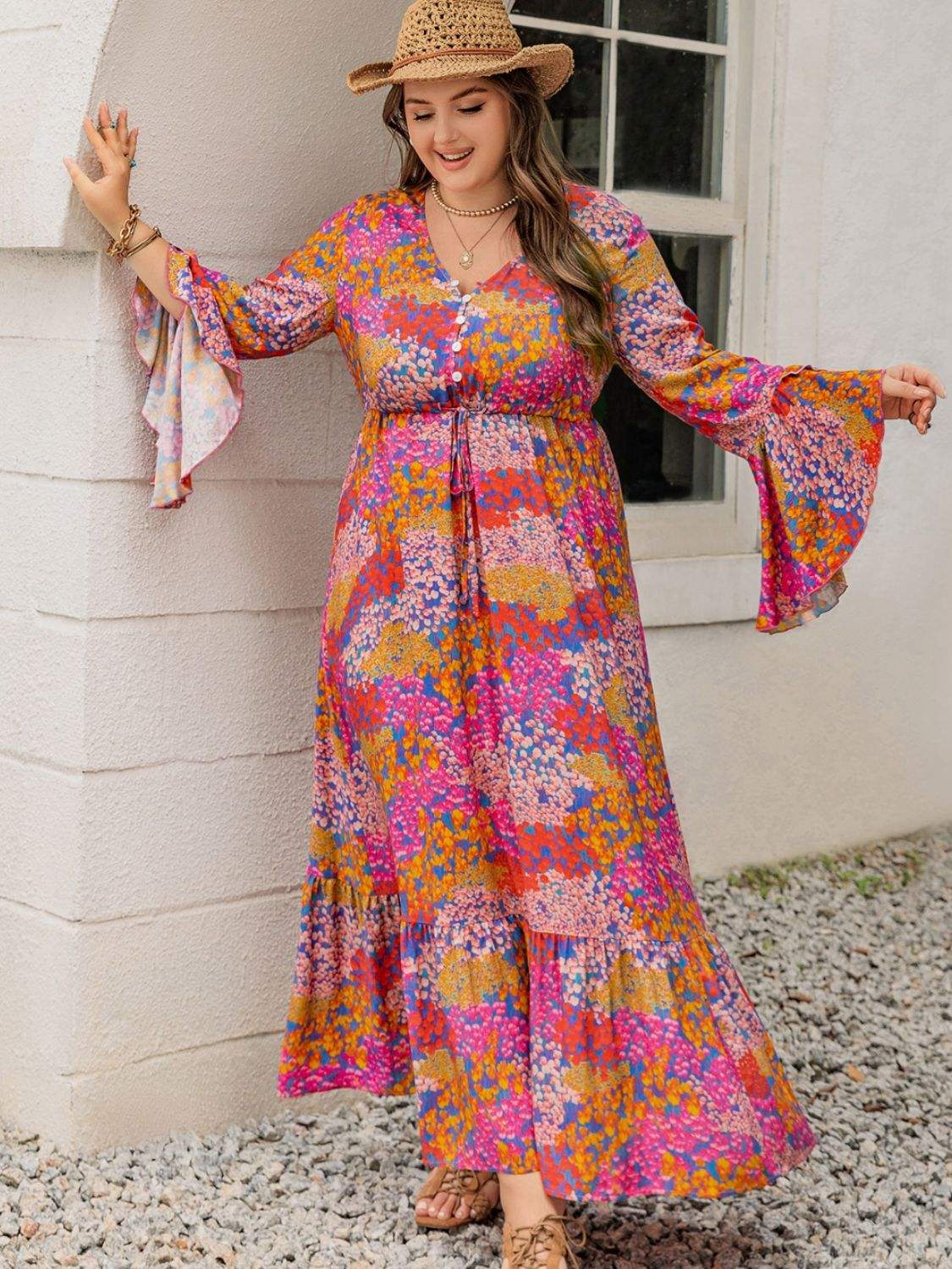 Plus Size Printed V-Neck Long Sleeve Maxi Dress - Trendsi - Flyclothing LLC