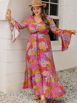Plus Size Printed V-Neck Long Sleeve Maxi Dress - Trendsi - Flyclothing LLC
