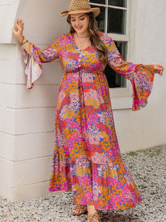 Plus Size Printed V-Neck Long Sleeve Maxi Dress - Trendsi