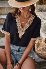 Full Size Lace Detail V-Neck Short Sleeve Blouse - Trendsi