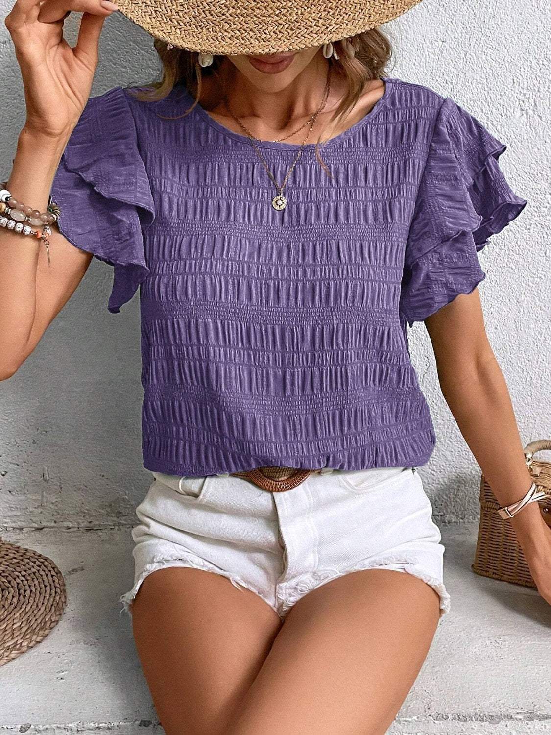 Round Neck Flounce Sleeve Blouse - Trendsi - Flyclothing LLC