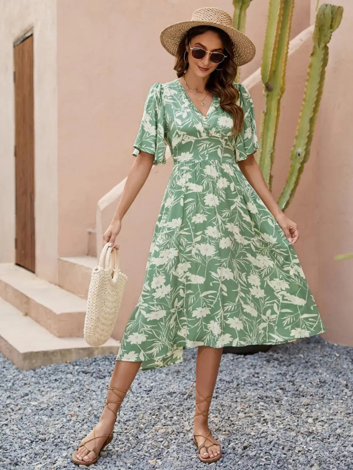 Printed V-Neck Flutter Sleeve Dress - Trendsi - Flyclothing LLC