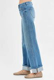 RISEN Full Size Elastic Band Mid Rise Wide Front Patch Pocket Cuff Jeans Plus Size - Trendsi - Flyclothing LLC