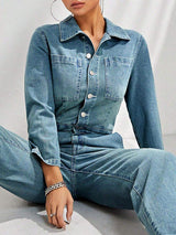 Half Button Long Sleeve Straight Leg Denim Jumpsuit - Trendsi - Flyclothing LLC