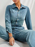 Half Button Long Sleeve Straight Leg Denim Jumpsuit - Trendsi - Flyclothing LLC