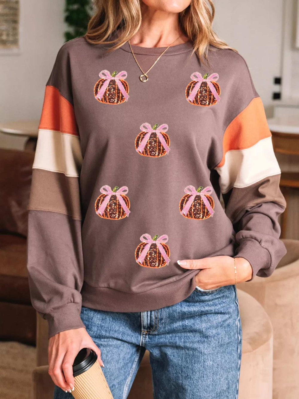 Sequin Bow Pumpkin Round Neck Sweatshirt - Trendsi - Flyclothing LLC