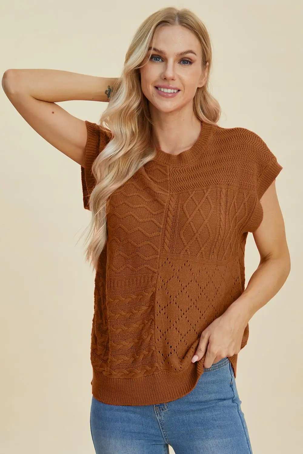 Double Take Full Size Cable-Knit Round Neck Cap Sleeve Sweater - Trendsi - Flyclothing LLC