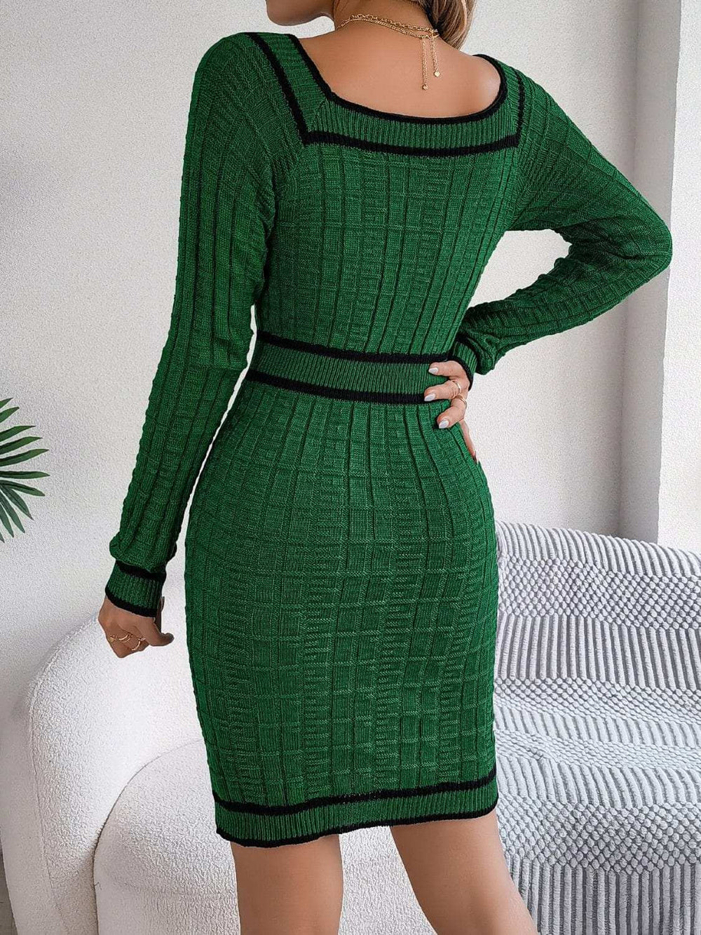 Contrast Trim Long Sleeve Sweater Dress - Trendsi - Flyclothing LLC