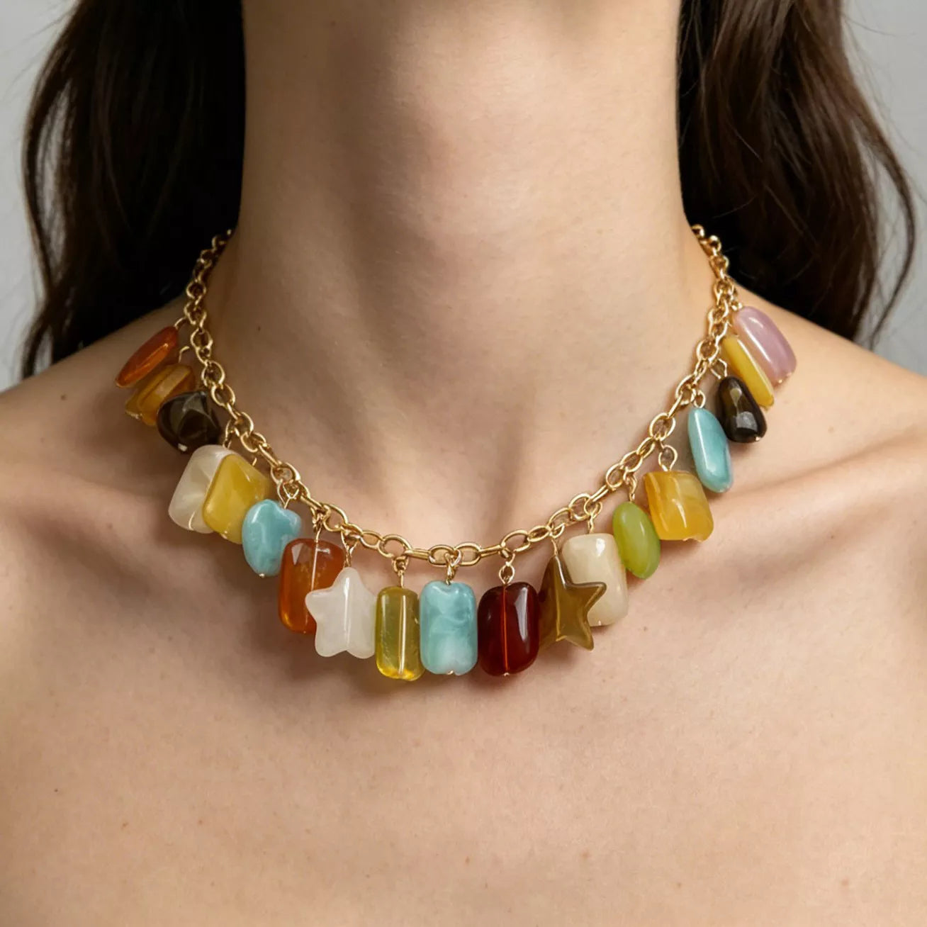 Bohemian Multi-Color Gemstone Charm Necklace - Trendsi - Flyclothing LLC