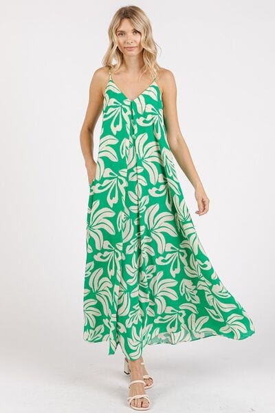 Mittoshop Printed V-Neck Maxi Cami Dress with Pockets - Trendsi