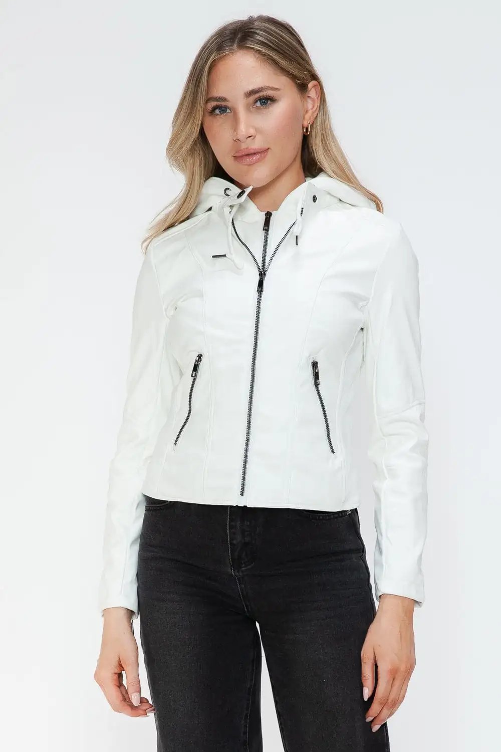Snobbish Faux Leather Zip Up Drawstring Hooded Jacket - Trendsi