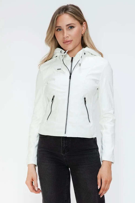 Snobbish Faux Leather Zip Up Drawstring Hooded Jacket - Trendsi - Flyclothing LLC