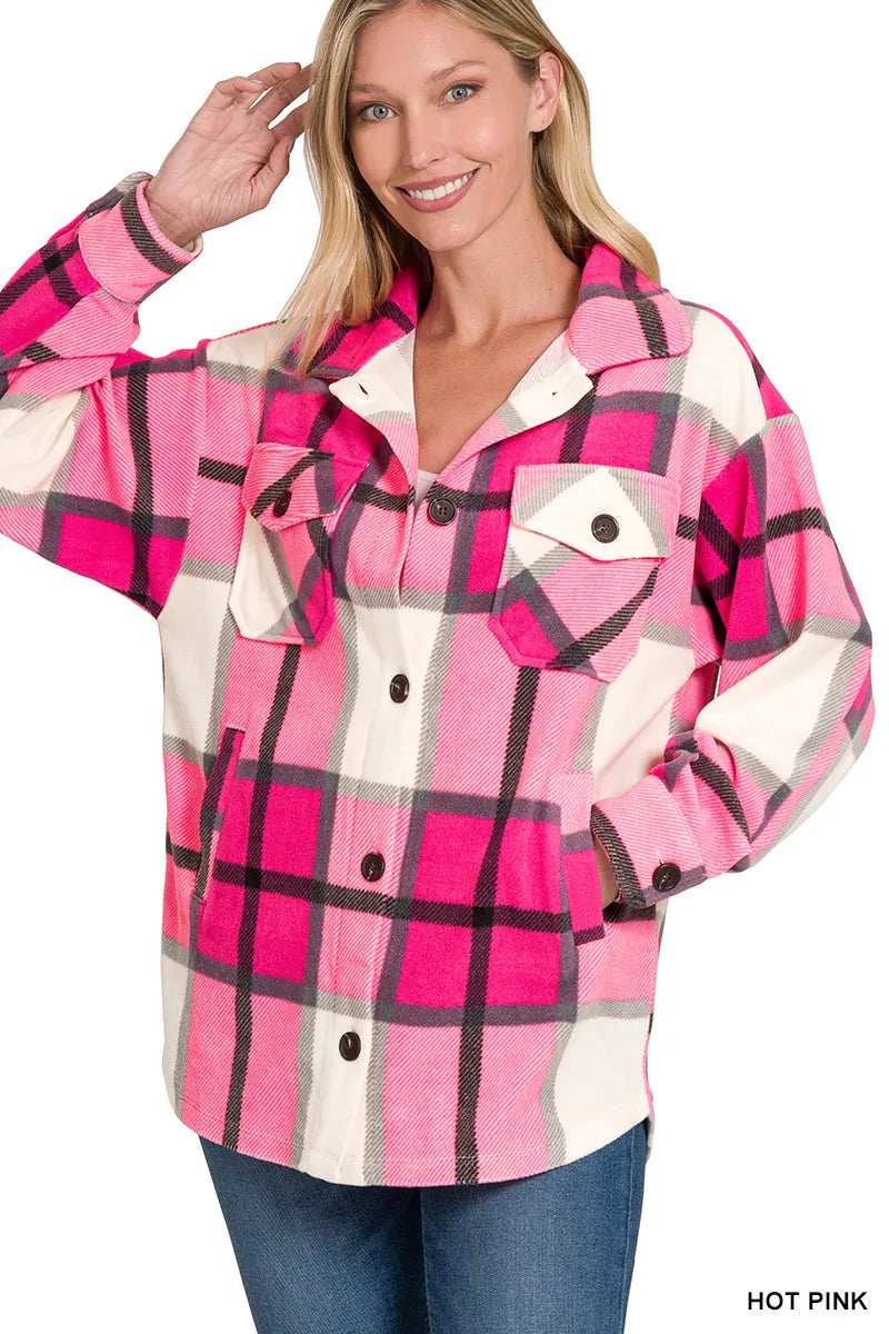 Zenana Oversized Plaid Fleece Shacket - Trendsi - Flyclothing LLC