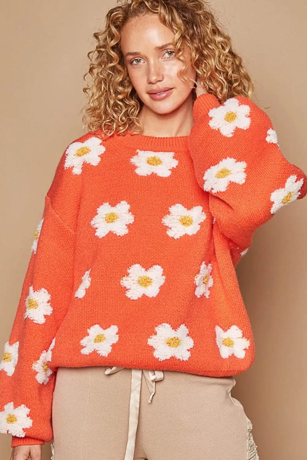 POL Daisy Pattern Drop Shoulder Sweater - Trendsi